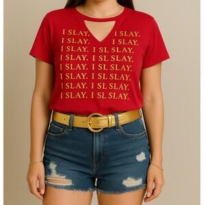 Women’s Stretchy Red Graphic Tee with Gold Slay Text